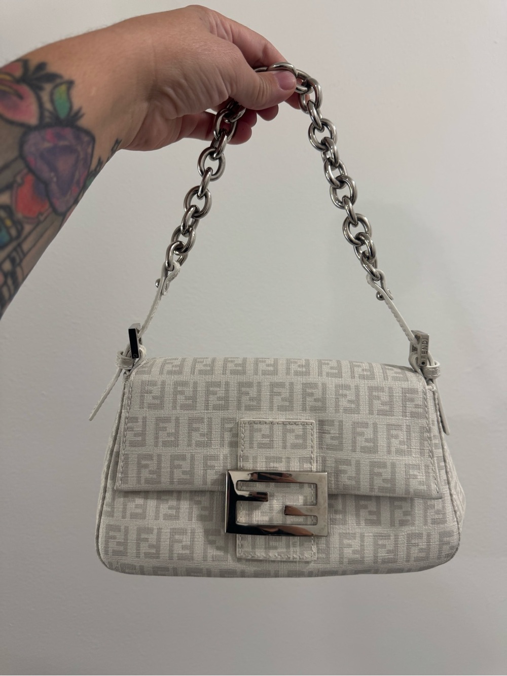 Fendi Light Gray/White Monogram Baguette Shoulder Bag